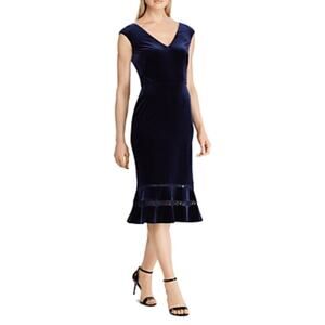 Ralph Lauren Velvet Midi Sheath Sleeveless Cocktail Party Dress Navy Blue Size 6